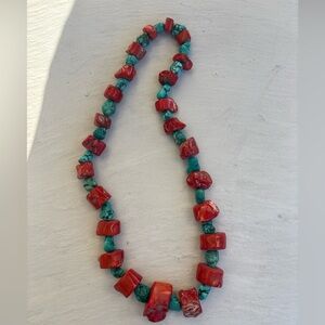 Vibrant Red  Coral and Turquoise Beaded Necklace